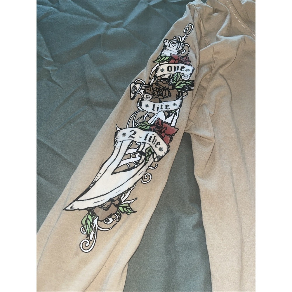 One Life 2 Live Shirt Size Small Tan Long Sleeve Made In USA Y2K Skull - Picture 3 of 7